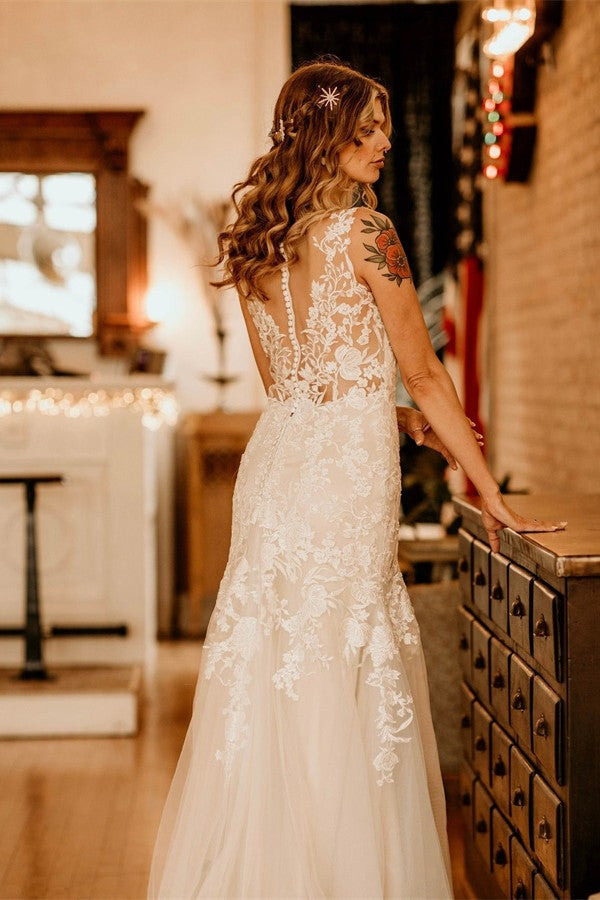 Ivory Long Mermaid V-neck Straps Tulle Lace Wedding Dress with Ruffles