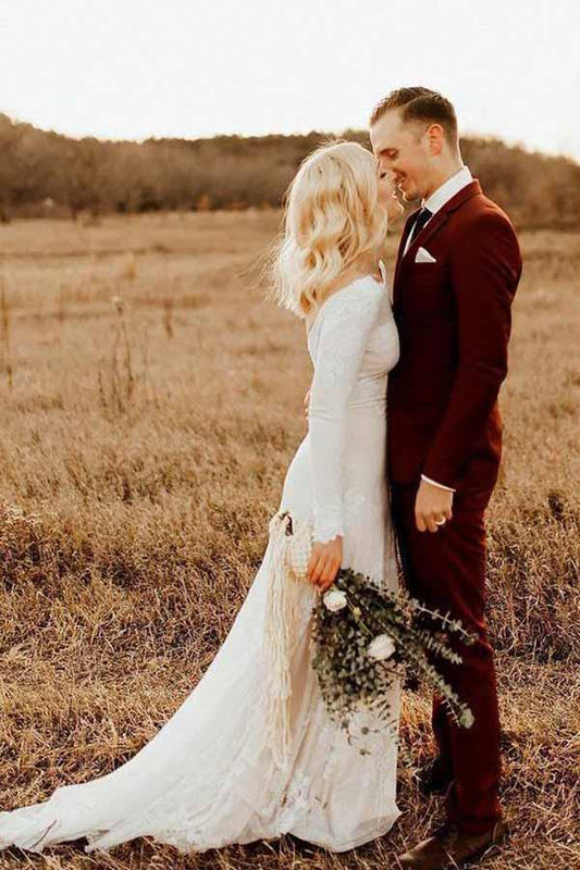 Ivory Long Sleeve Rustic Wedding Dresses Backless Sheath Beach Wedding Dress