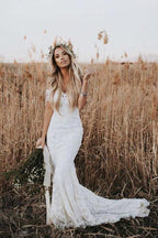 Ivory Mermaid Lace Wedding Dresses Neckline Beach Wedding Dress