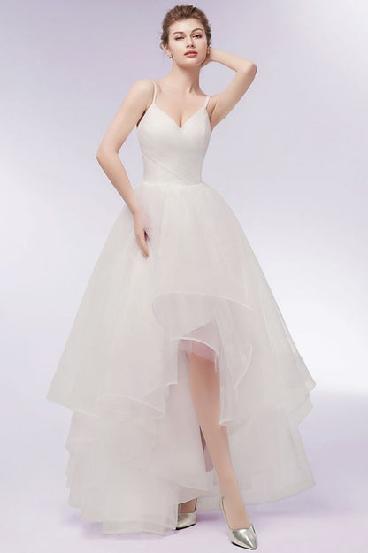 Elfenbeinfarbenes A-Linien-Brautkleid mit Spaghettiträgern und Rüschen