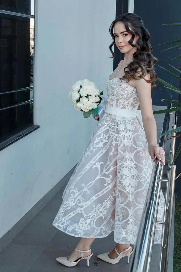 Ivory Tea Length Strapless Sweetheart Lace A Line Wedding Dress With Corset Back