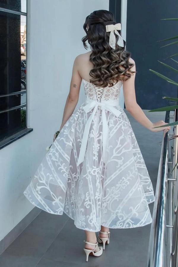 Ivory Tea Length Strapless Sweetheart Lace A Line Wedding Dress With Corset Back
