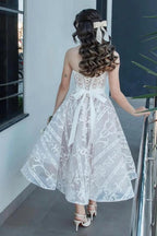 Ivory Tea Length Strapless Sweetheart Lace A Line Wedding Dress With Corset Back