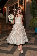 Ivory Tea Length Strapless Sweetheart Lace A Line Wedding Dress With Corset Back