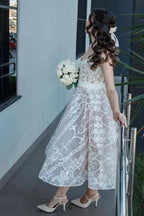 Ivory Tea Length Strapless Sweetheart Lace A Line Wedding Dress With Corset Back
