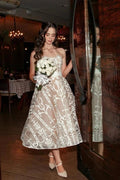 Ivory Tea Length Strapless Sweetheart Lace A Line Wedding Dress With Corset Back