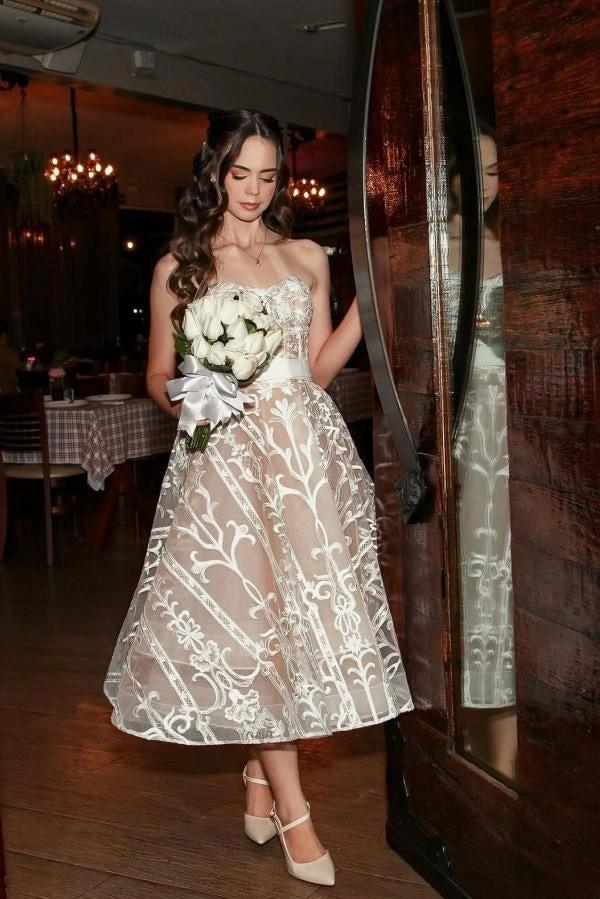 Ivory Tea Length Strapless Sweetheart Lace A Line Wedding Dress With Corset Back