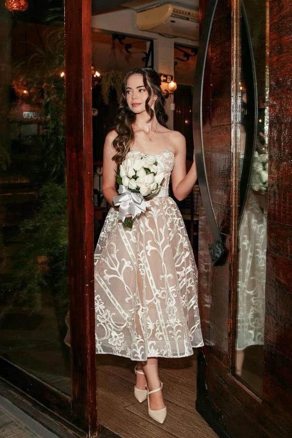 Ivory Tea Length Strapless Sweetheart Lace A Line Wedding Dress With Corset Back