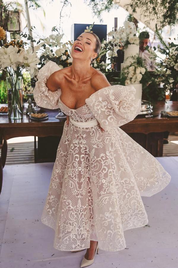 Ivory Strapless Tea Length Wedding Dress Lace Embroidery Satin Waist Sash