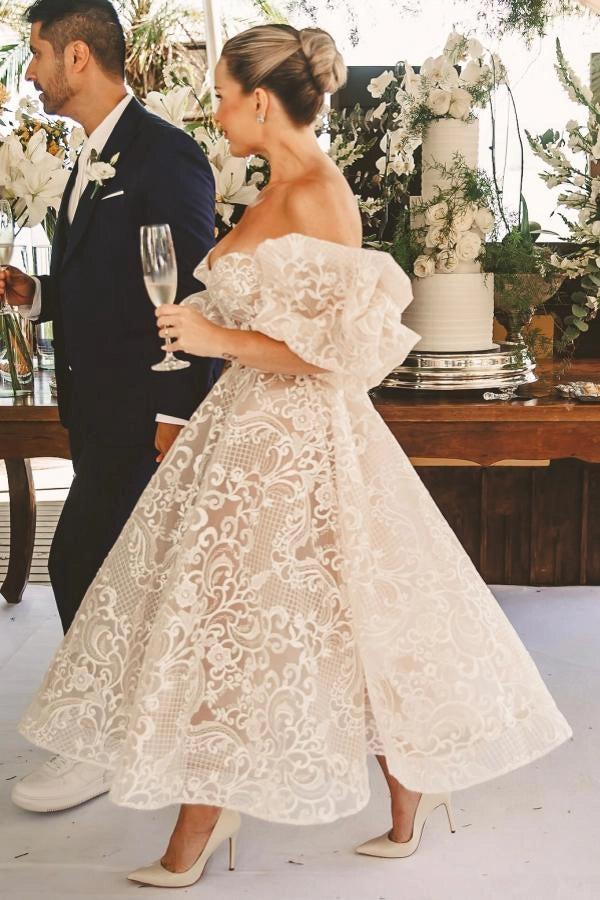 Ivory Strapless Tea Length Wedding Dress Lace Embroidery Satin Waist Sash