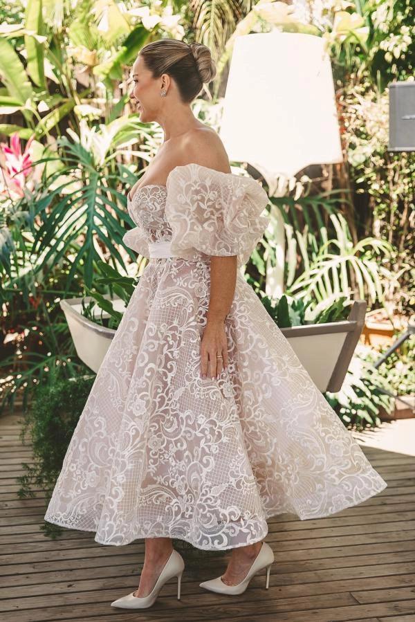 Ivory Strapless Tea Length Wedding Dress Lace Embroidery Satin Waist Sash