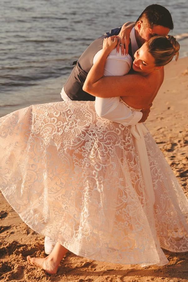 Ivory Strapless Tea Length Wedding Dress Lace Embroidery Satin Waist Sash