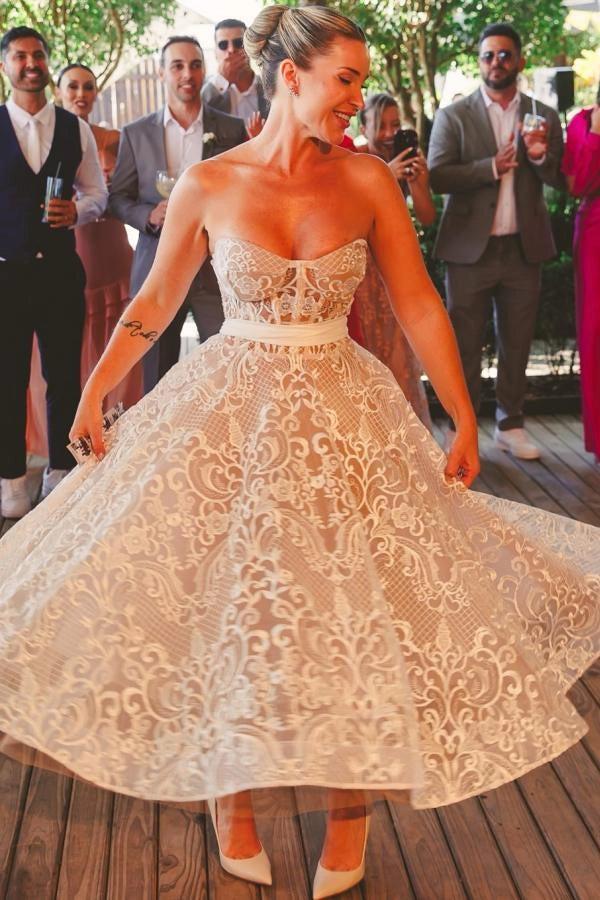 Ivory Strapless Tea Length Wedding Dress Lace Embroidery Satin Waist Sash