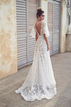 Ivory V Neck Beach Wedding Dresses with Lace Appliques
