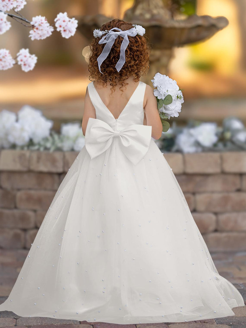 Floor Length V Neck Satin Tulle Princess Flower Girl Dress