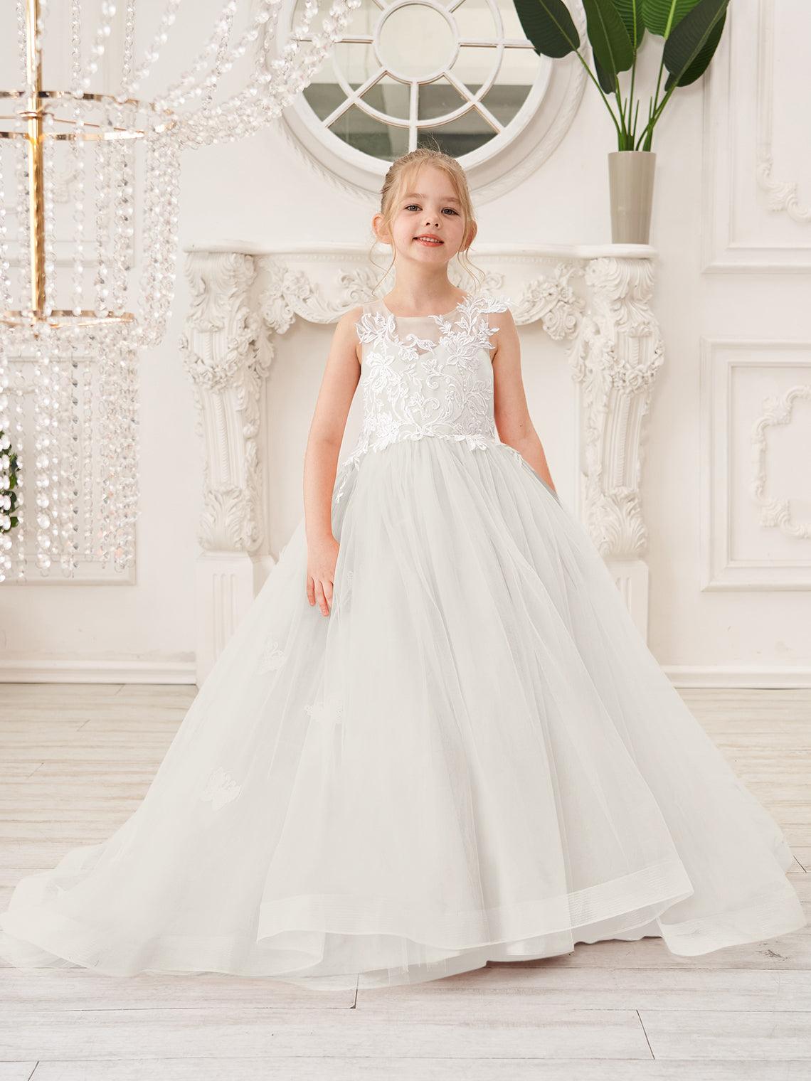 Elegant Sleeveless Tulle Flower Girl Dress With Applique Lace And Sweep Train