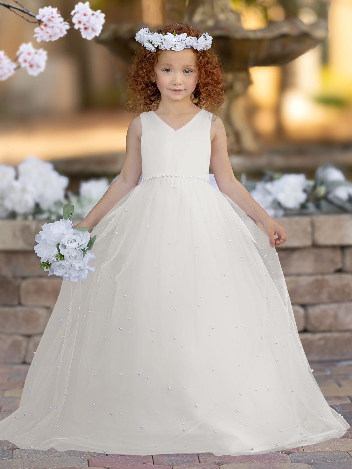 Floor Length V Neck Satin Tulle Princess Flower Girl Dress