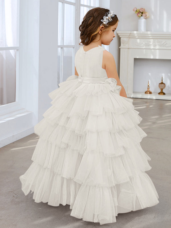 Ball-Gown/Princess Pearl Pink Sleeveless Tulle Bow Flower Girl Dress