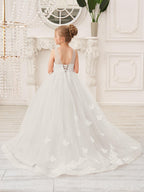 Elegant Sleeveless Tulle Flower Girl Dress With Applique Lace And Sweep Train