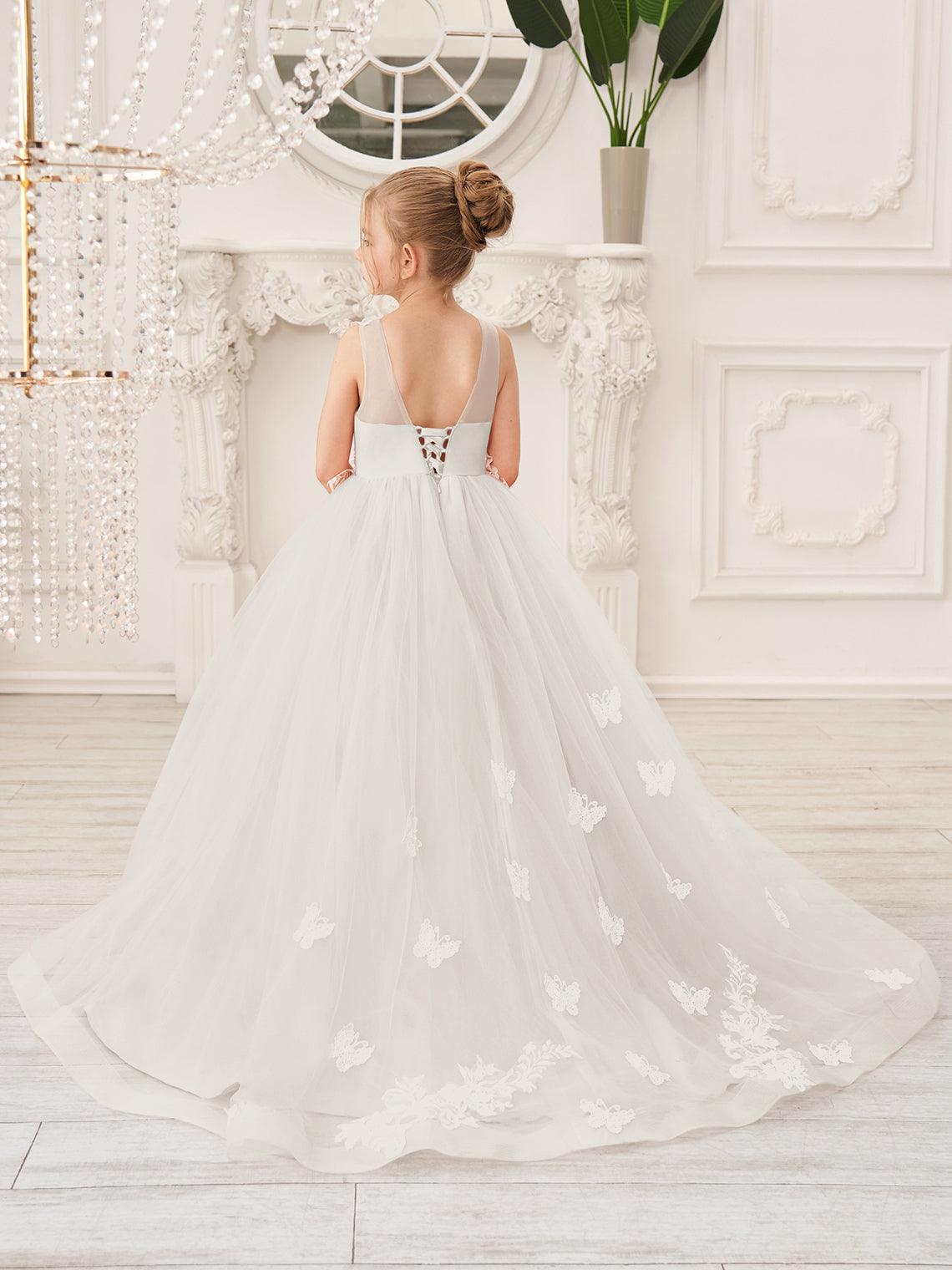Elegant Sleeveless Tulle Flower Girl Dress With Applique Lace And Sweep Train