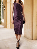 One Shoulder Sleeveless Tea Length Mother Of The Bride Dress