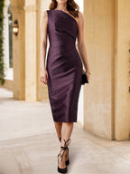 One Shoulder Sleeveless Tea Length Mother Of The Bride Dress