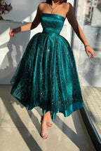 Jade Satin Strapless Prom Dress Starry Sequin Ball Gown