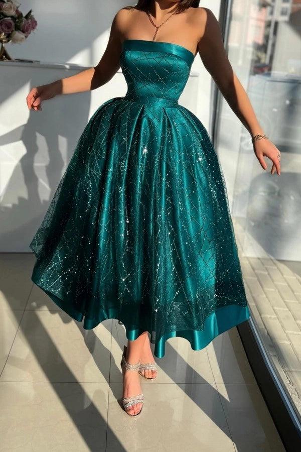 Jade Satin Strapless Prom Dress Starry Sequin Ball Gown