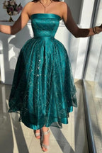 Jade Satin Strapless Prom Dress Starry Sequin Ball Gown