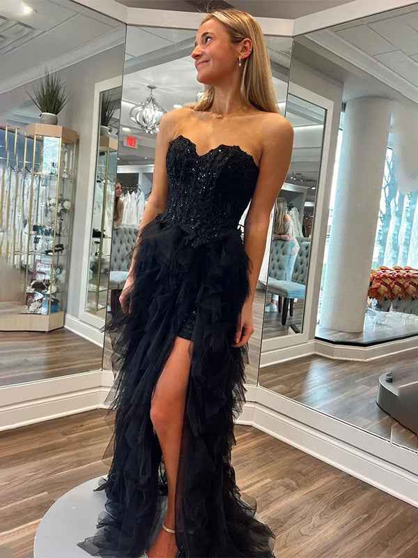 Black A Line Tulle Strapless Prom Dress With Applique And Beaded Embellishments