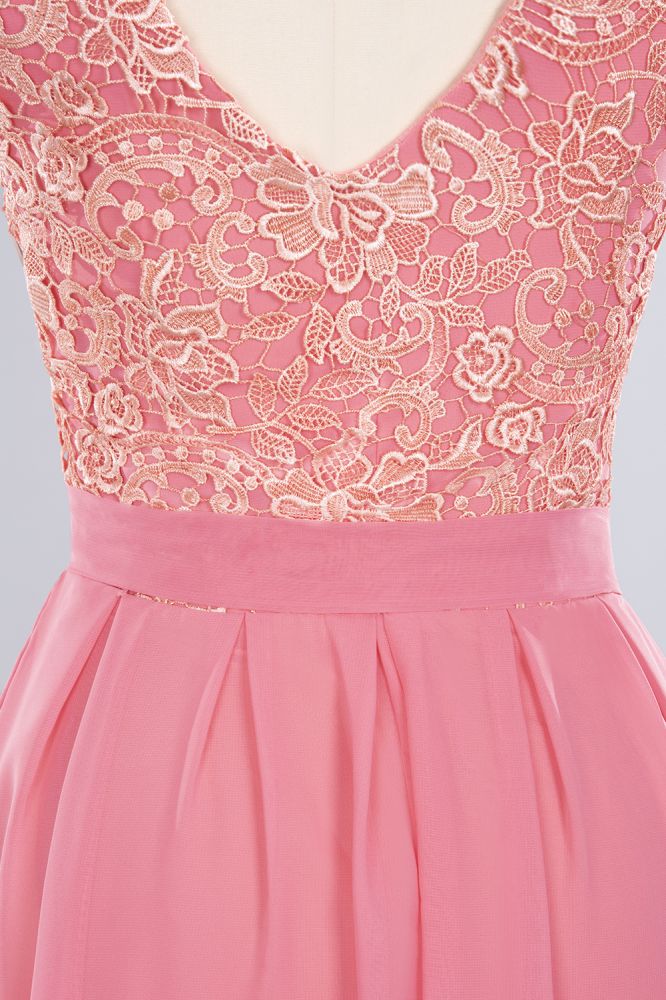 Jewel Ruffles Floral Lace Simple Prom Dresses | A-Line Sleeveless Coral Evening Dresses