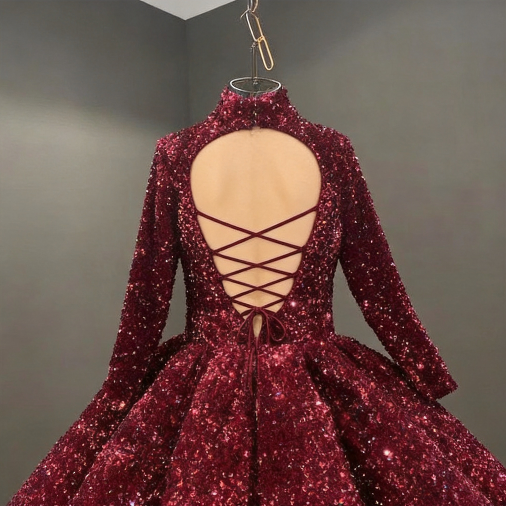 Abito da ballo bordeaux con paillettes e maniche lunghe per Quinceañera Y4442