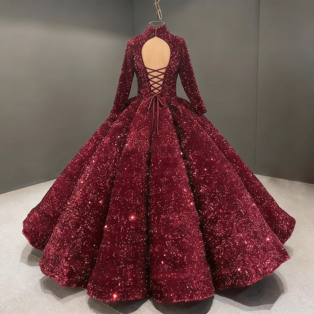 Abito da ballo bordeaux con paillettes e maniche lunghe per Quinceañera Y4442