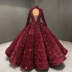 Abito da ballo bordeaux con paillettes e maniche lunghe per Quinceañera Y4442