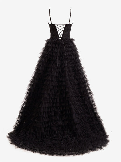 Vestido de fiesta largo de tul con lentejuelas escalonadas y corte A