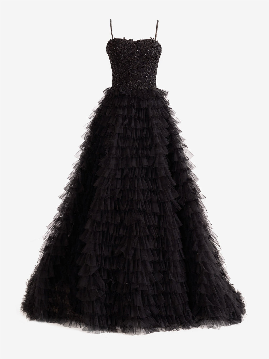 Abito lungo da sera a balze in tulle con paillettes a linea ad A
