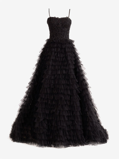 Vestido de fiesta largo de tul con lentejuelas escalonadas y corte A