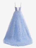 Abito lungo da sera a balze in tulle con paillettes a linea ad A