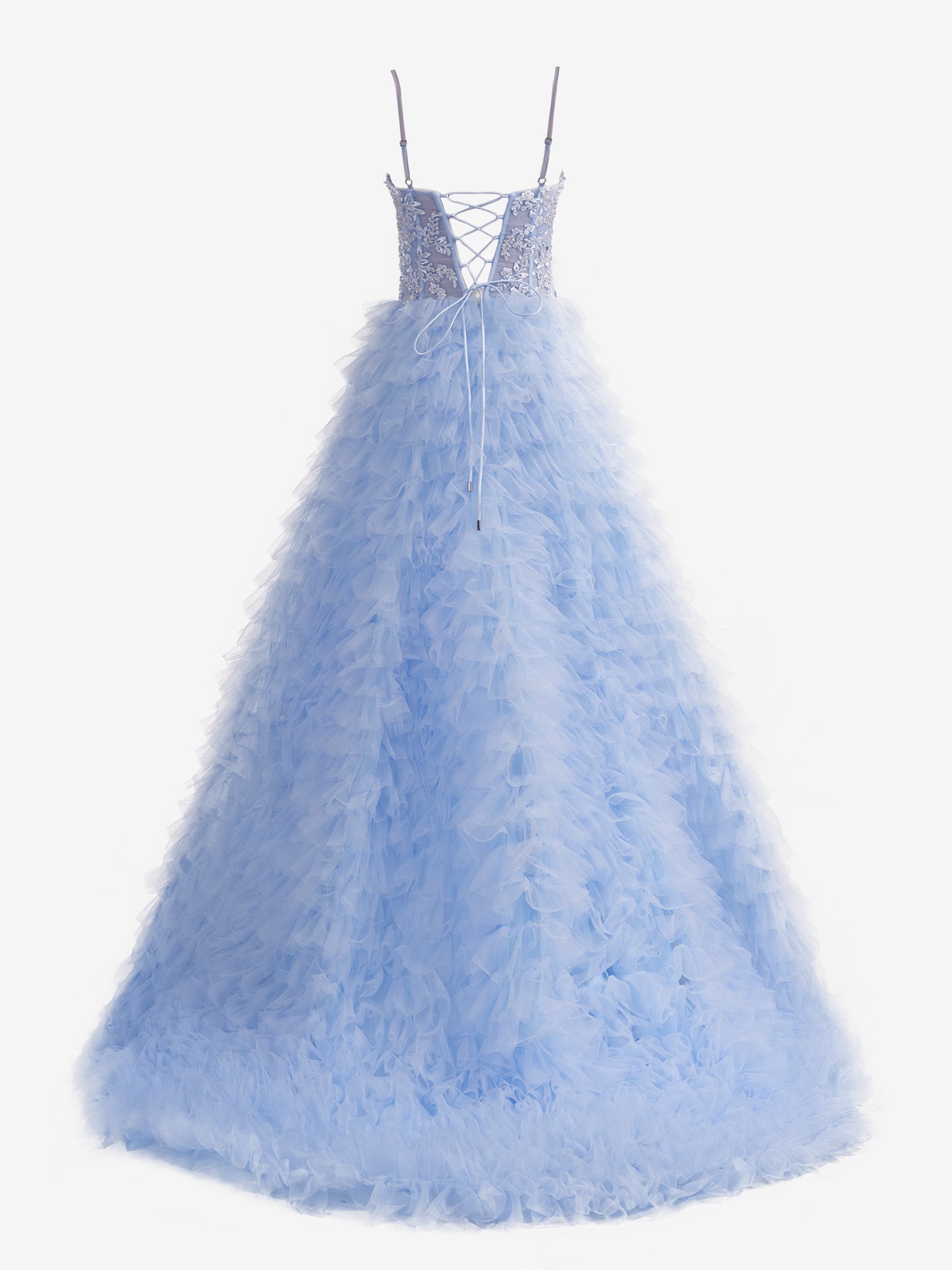 Abito lungo da sera a balze in tulle con paillettes a linea ad A