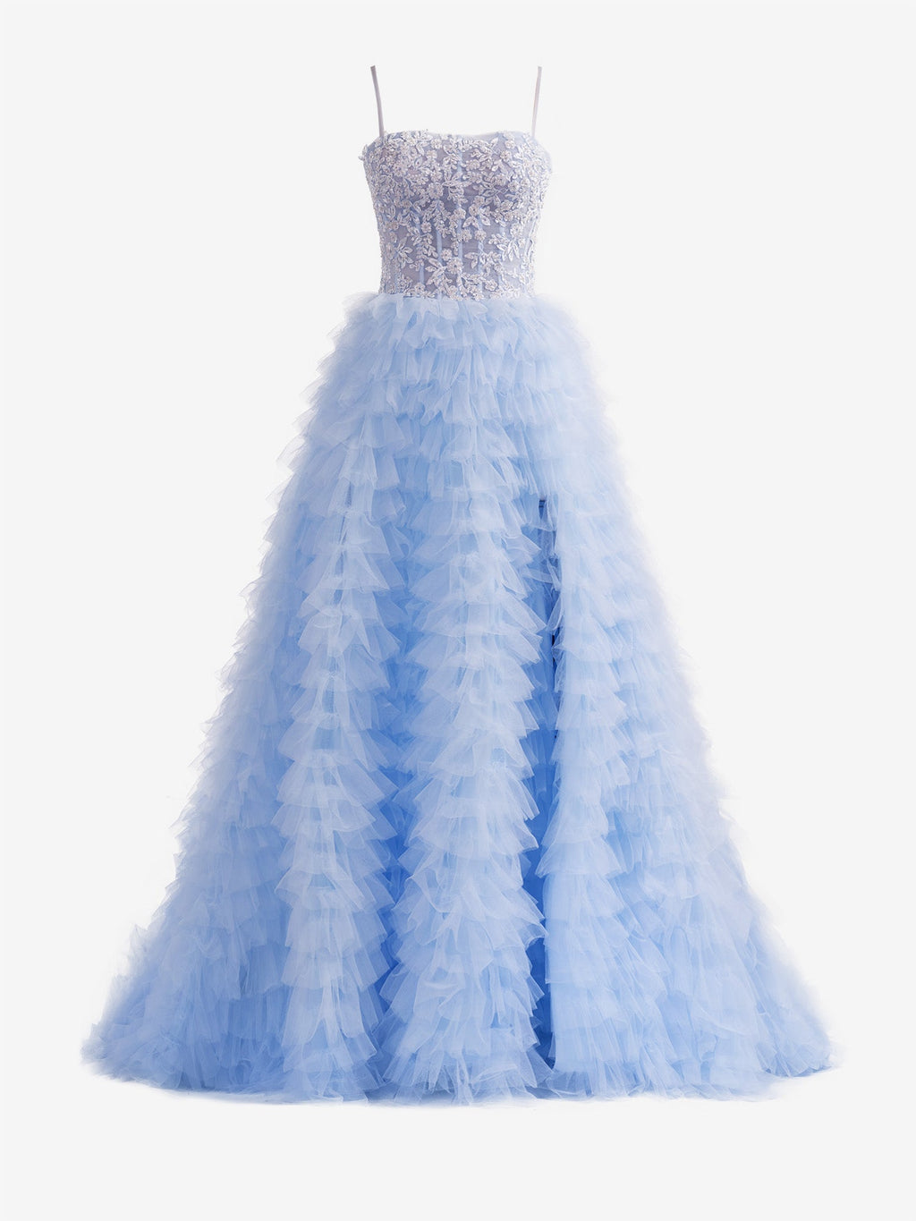 Abito lungo da sera a balze in tulle con paillettes a linea ad A