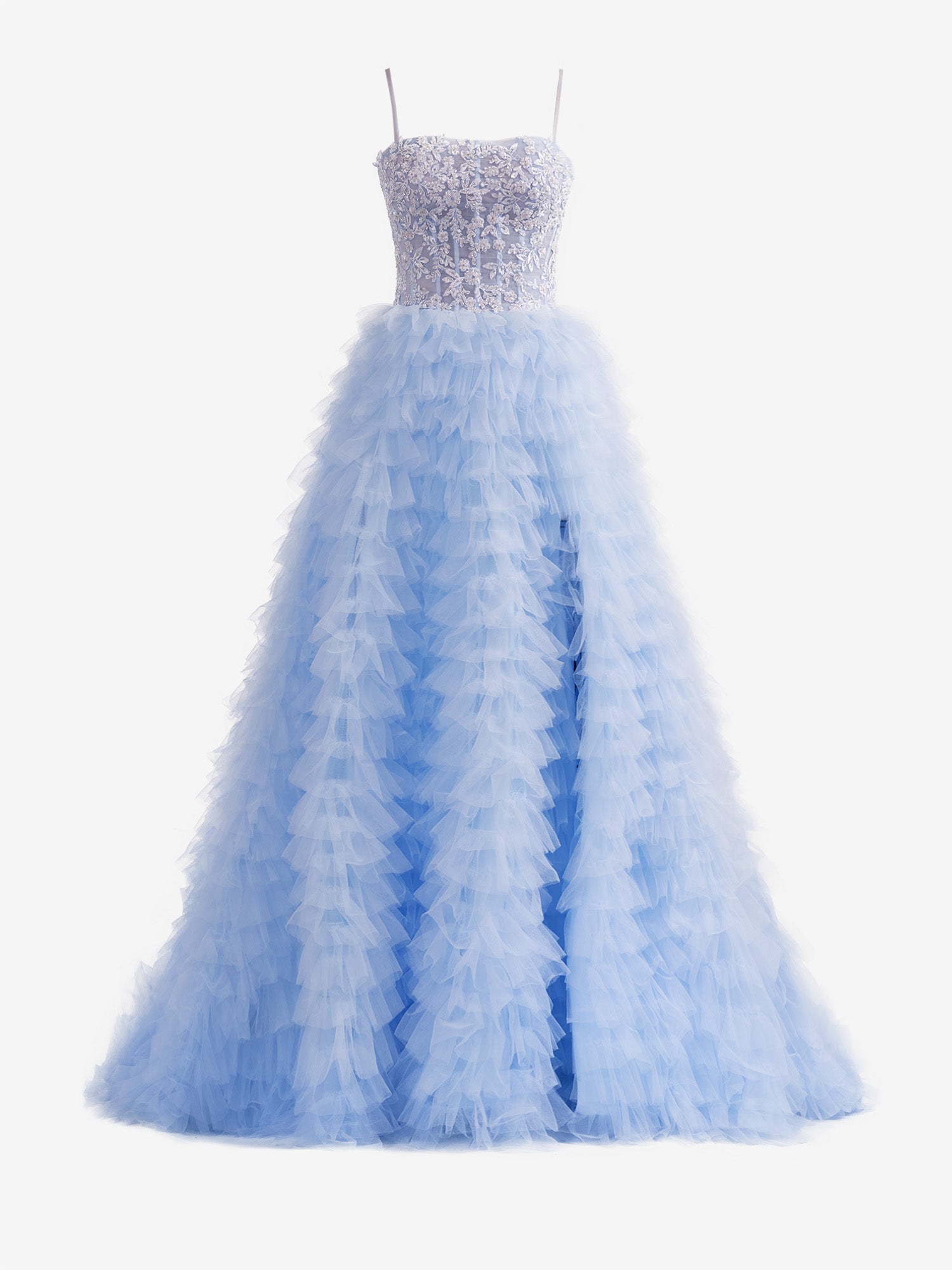Abito lungo da sera a balze in tulle con paillettes a linea ad A