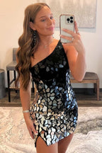 Gradient Cut Glass Mirror One-Shoulder Short Dress