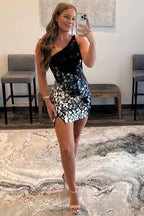 Gradient Cut Glass Mirror One-Shoulder Short Dress