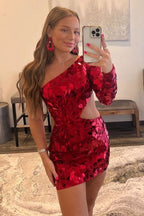 Cut Glass Mirror One-Sleeve Cutout Short Cocktail Gown