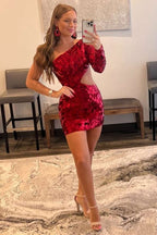 Cut Glass Mirror One-Sleeve Cutout Short Cocktail Gown