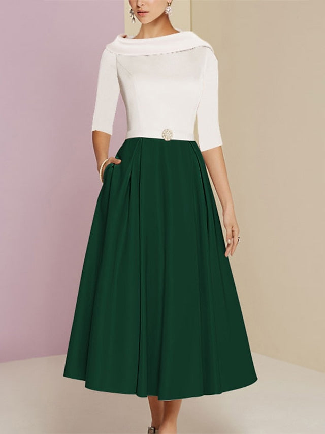 Tea Length Mother Of The Bride Dress A Line With Jewel Neckline And Pockets