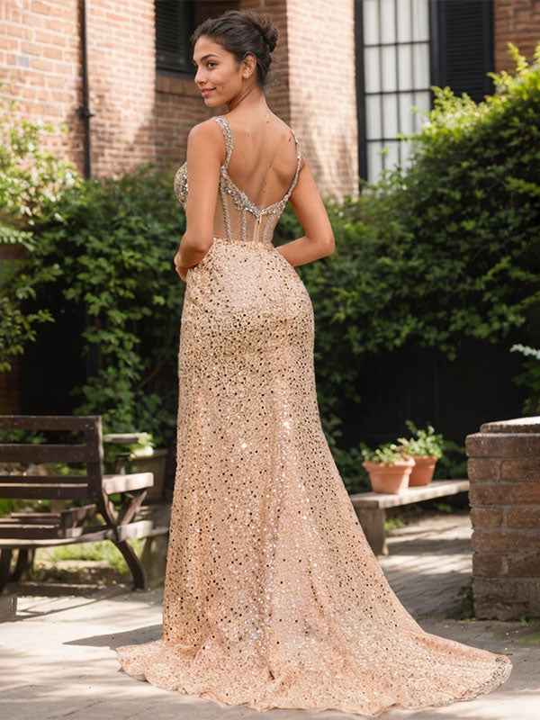 Sparkly Gold Mermaid Prom Dress With Sequin Beading High Slit