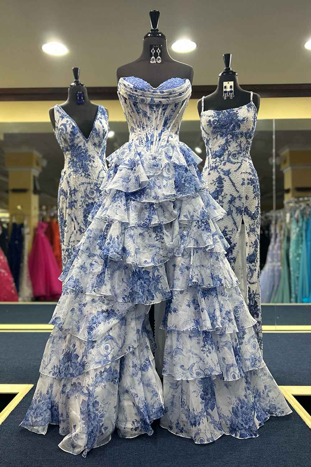Blush Sweetheart A Line Chiffon Floral Ruffled Long Corset Prom Dress With Slit