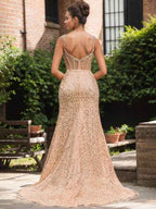 Sparkly Gold Mermaid Prom Dress With Sequin Beading High Slit