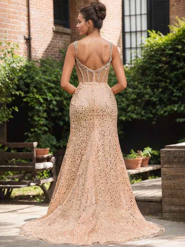 Sparkly Gold Mermaid Prom Dress With Sequin Beading High Slit